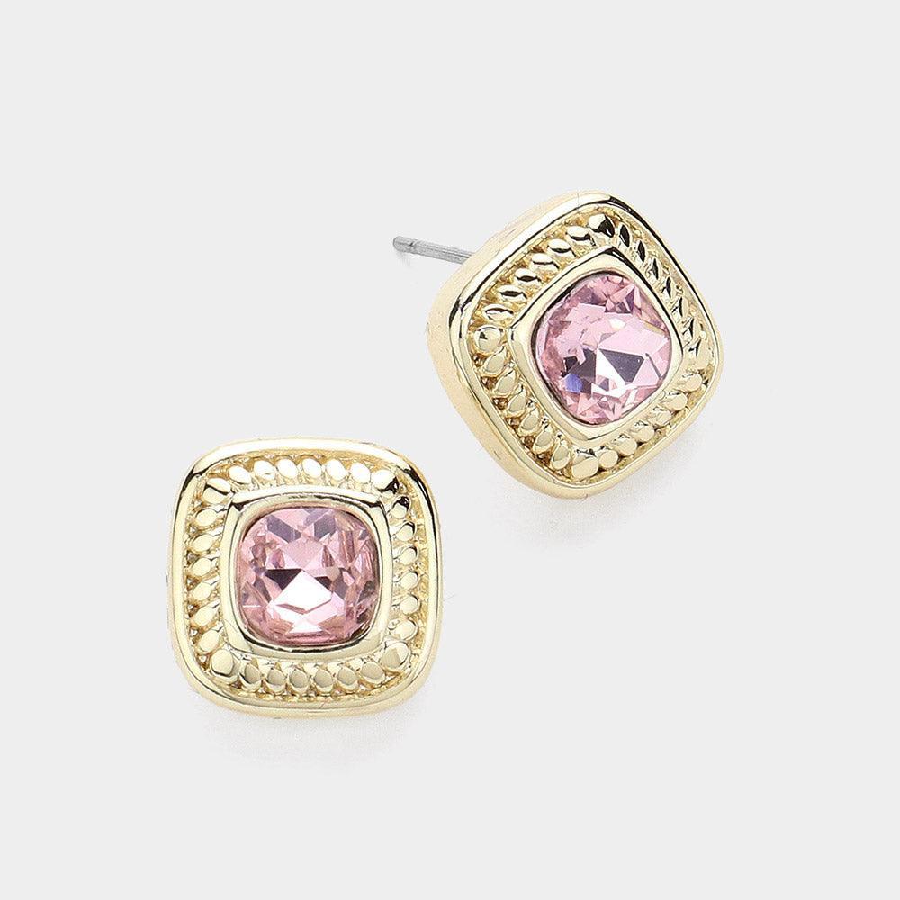 Pink 14K Gold Plated Stone Paved Square Stud Earrings - Jewelry Store by Erik Rayo