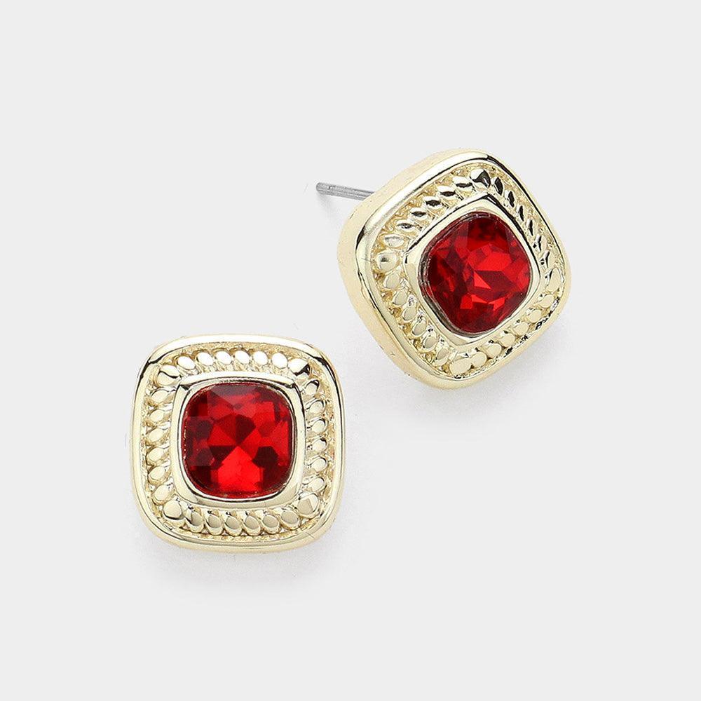 Red 14K Gold Plated Stone Paved Square Stud Earrings - Jewelry Store by Erik Rayo