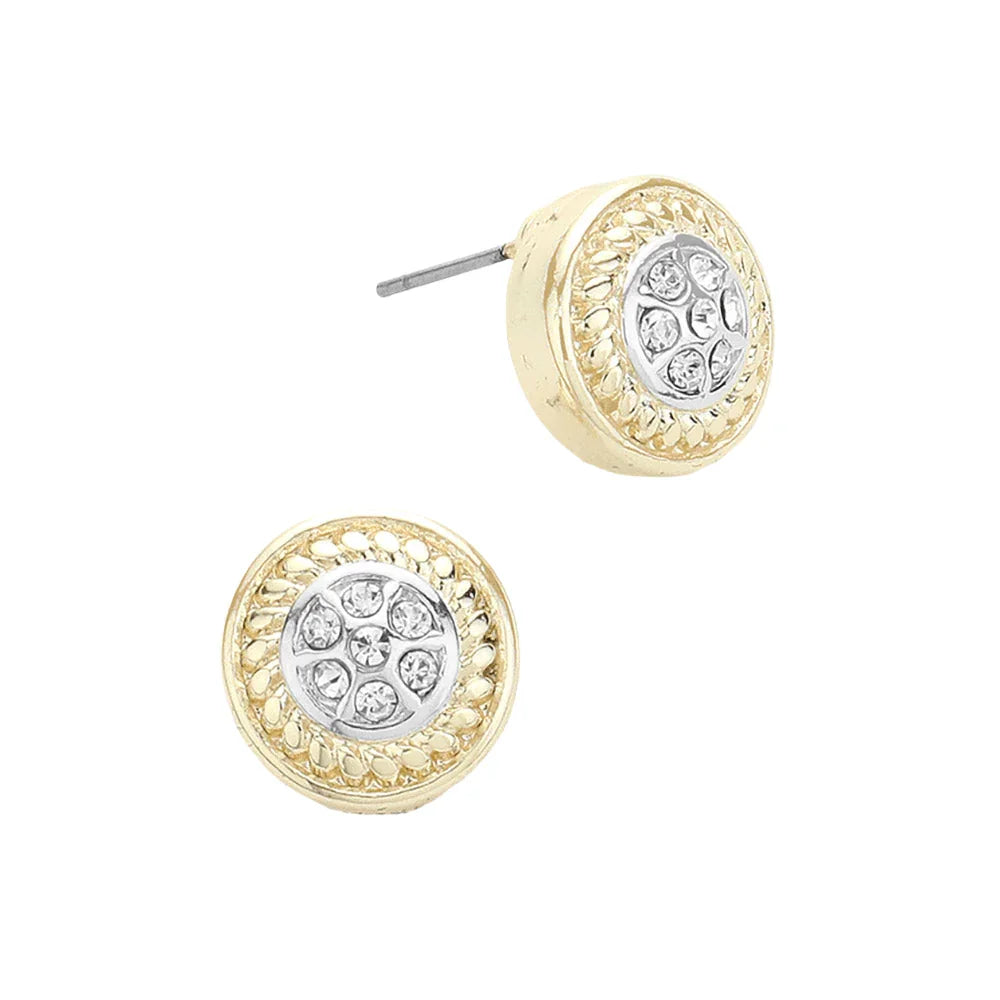 Silver 14K Gold Plated Stone Paved Round Stud Earrings - Jewelry Store by Erik Rayo