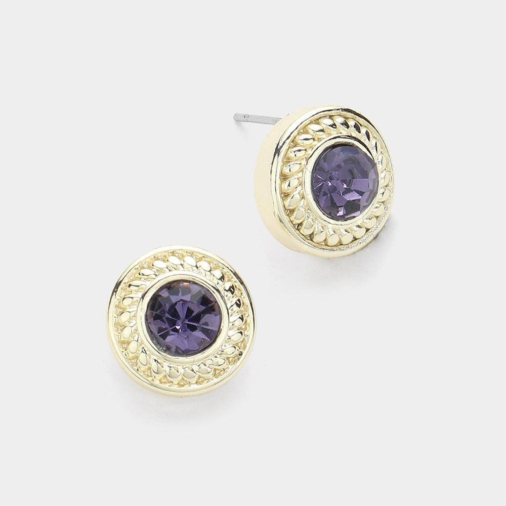 Amethyst 14K Gold Plated Stone Paved Round Stud Earrings - Jewelry Store by Erik Rayo