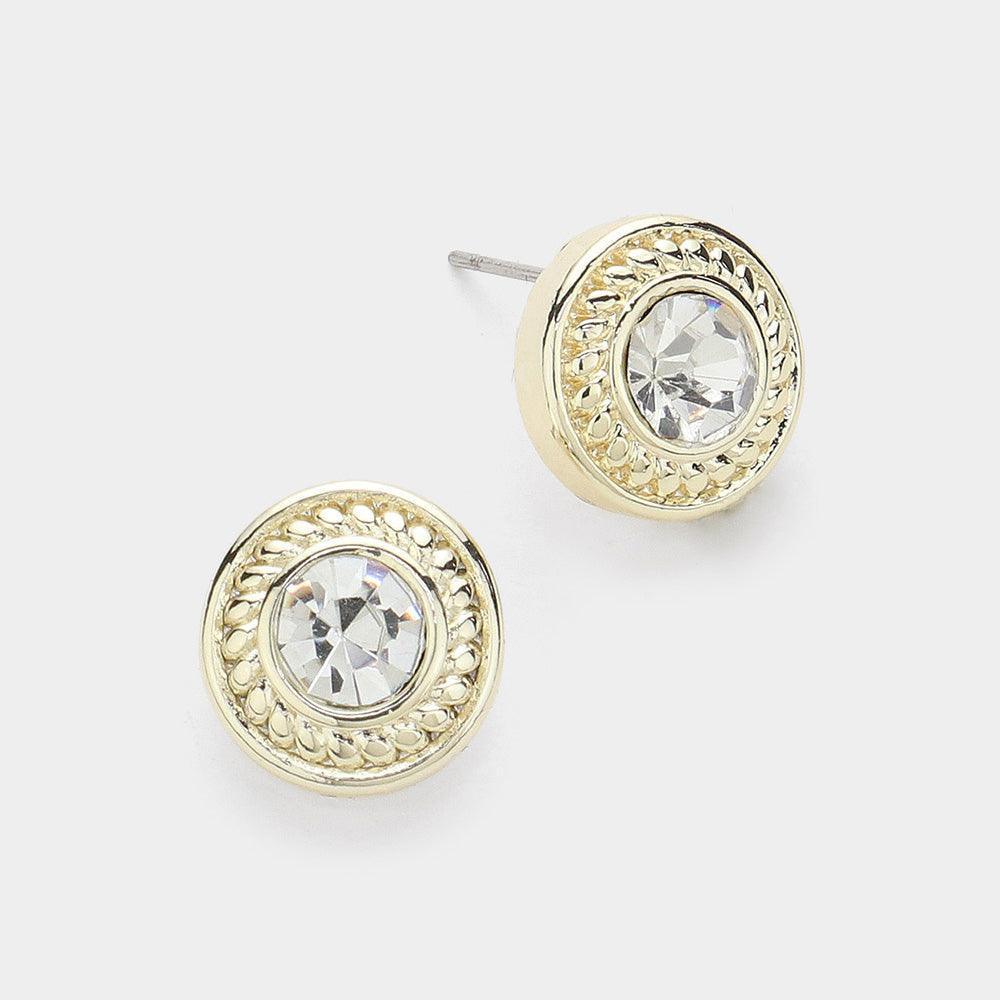 Clear 14K Gold Plated Stone Paved Round Stud Earrings - Jewelry Store by Erik Rayo