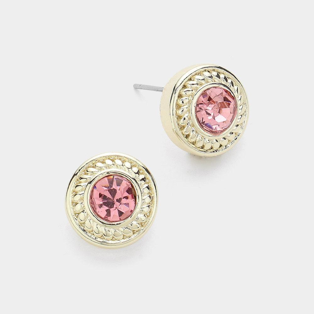 Pink 14K Gold Plated Stone Paved Round Stud Earrings - Jewelry Store by Erik Rayo