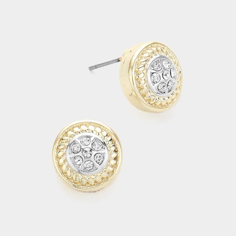 Silver 14K Gold Plated Stone Paved Round Stud Earrings - Jewelry Store by Erik Rayo