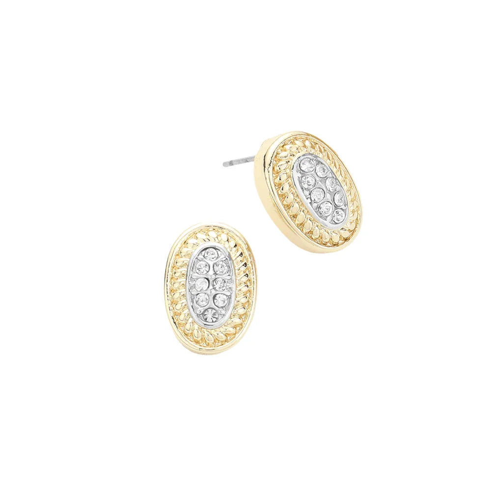 Silver 14K Gold Plated Stone Paved Oval Stud Earrings - Jewelry Store by Erik Rayo