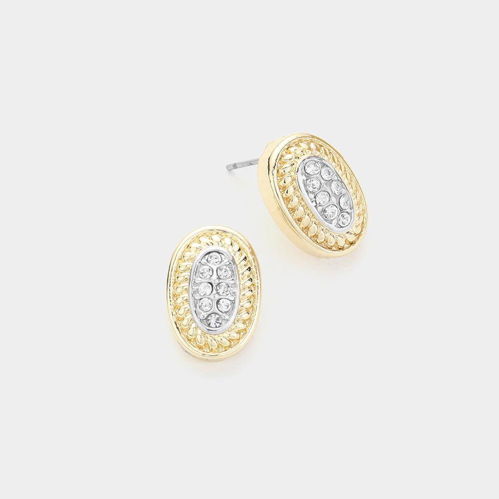 Silver 14K Gold Plated Stone Paved Oval Stud Earrings - Jewelry Store by Erik Rayo
