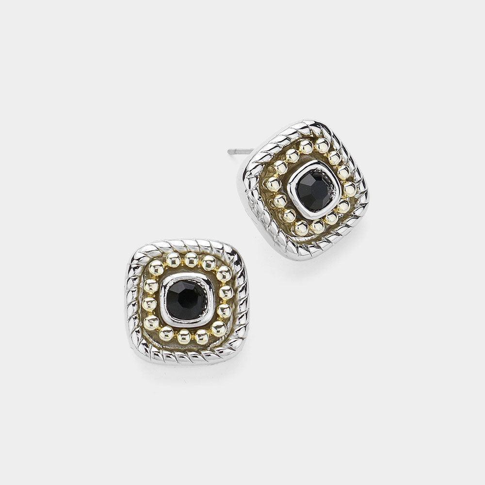 Black 14K Gold Plated Round Stone Pointed Two Tone Square Stud Earrings - Jewelry Store by Erik Rayo