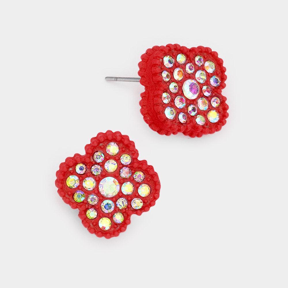 Red Stone Embellished Quatrefoil Stud Earrings - Jewelry Store by Erik Rayo