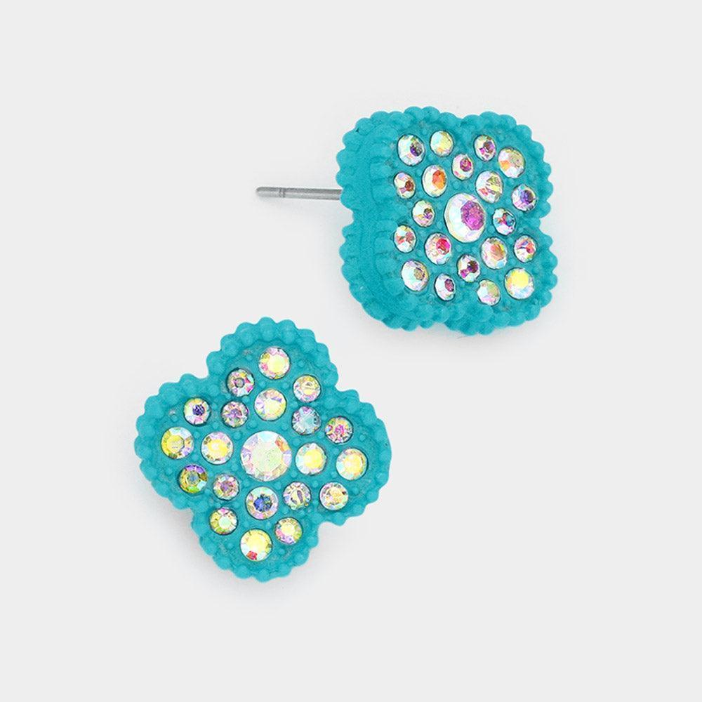 Turquoise Stone Embellished Quatrefoil Stud Earrings - Jewelry Store by Erik Rayo