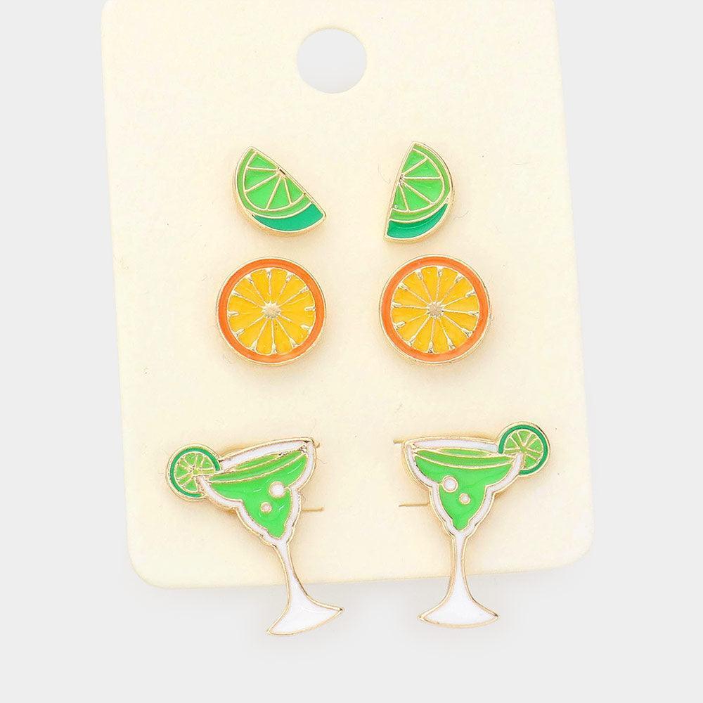 Orange 3Pairs - Enamel Lime Orange Cocktail Stud Earrings - Jewelry Store by Erik Rayo