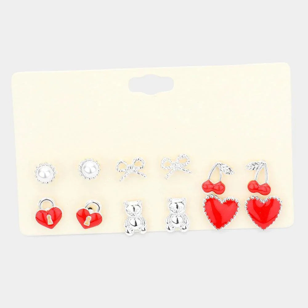 6Pairs - Pearl Metal Bow Bear Enamel Cherry Heart Lock Stud Earrings - Jewelry Store by Erik Rayo