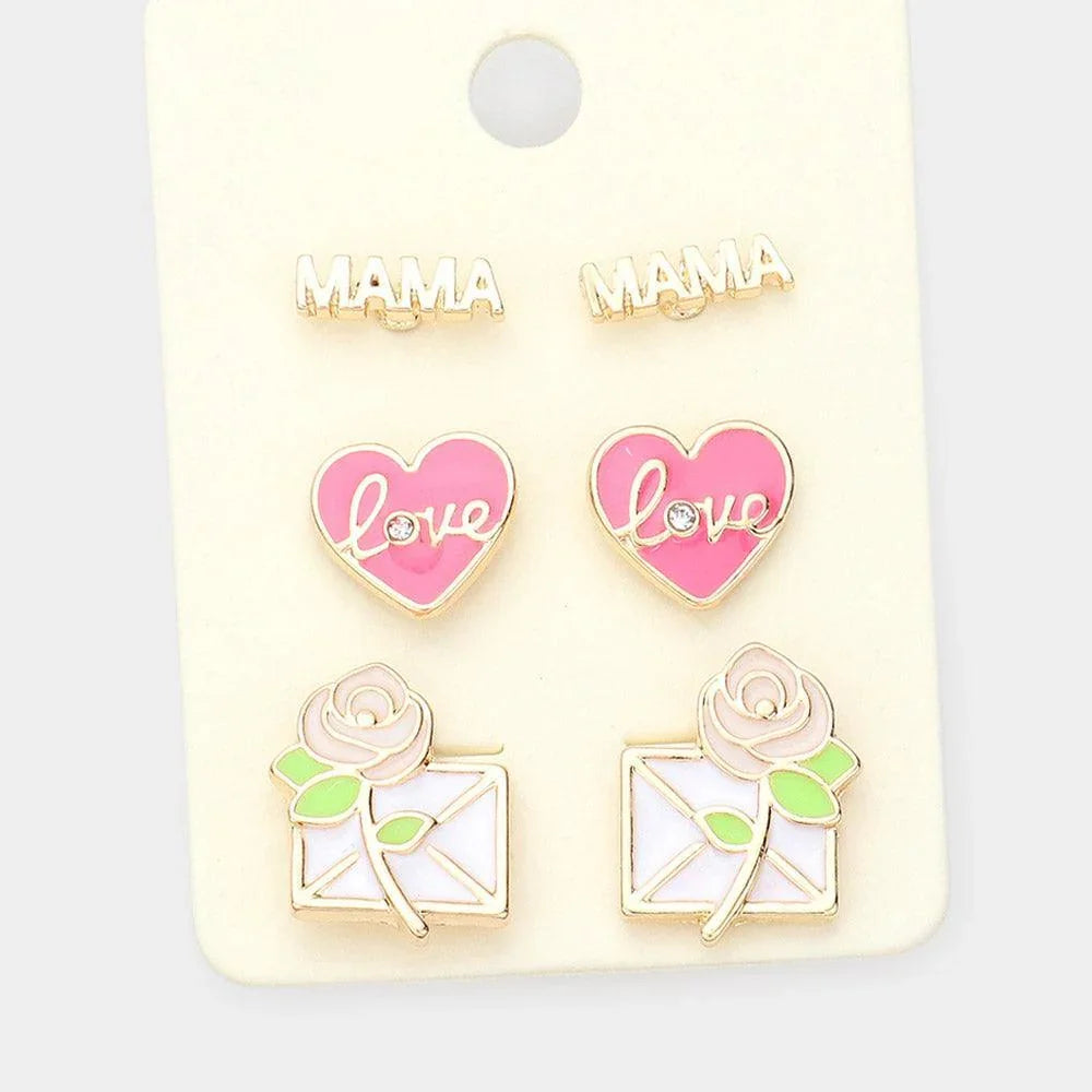 Pink 3Pairs - Metal MAMA Enamel love Heart Flower Letter Stud Earrings - Jewelry Store by Erik Rayo