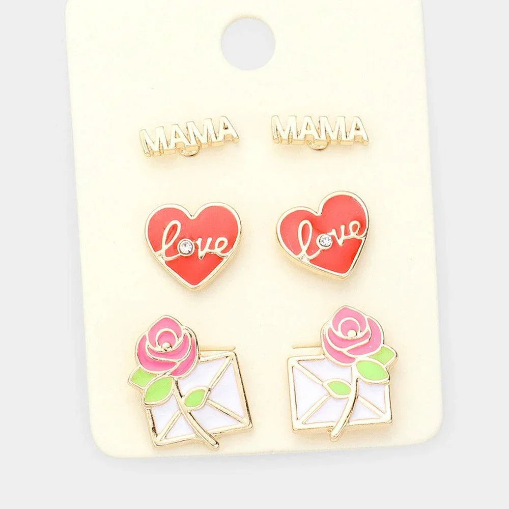 Red 3Pairs - Metal MAMA Enamel love Heart Flower Letter Stud Earrings - Jewelry Store by Erik Rayo