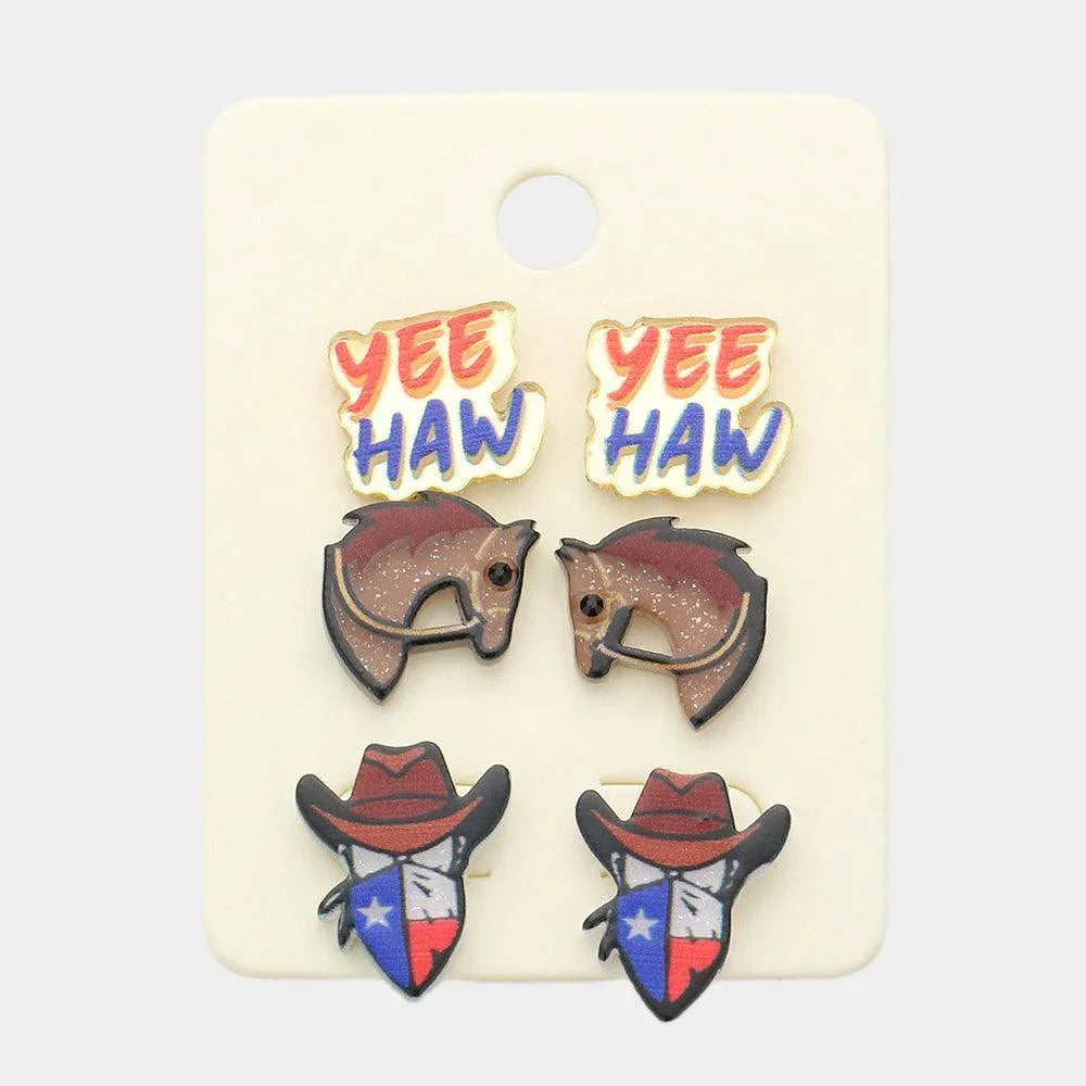 3Pairs - YEE HAW Horse Cowboy Resin Stud Earrings - Jewelry Store by Erik Rayo