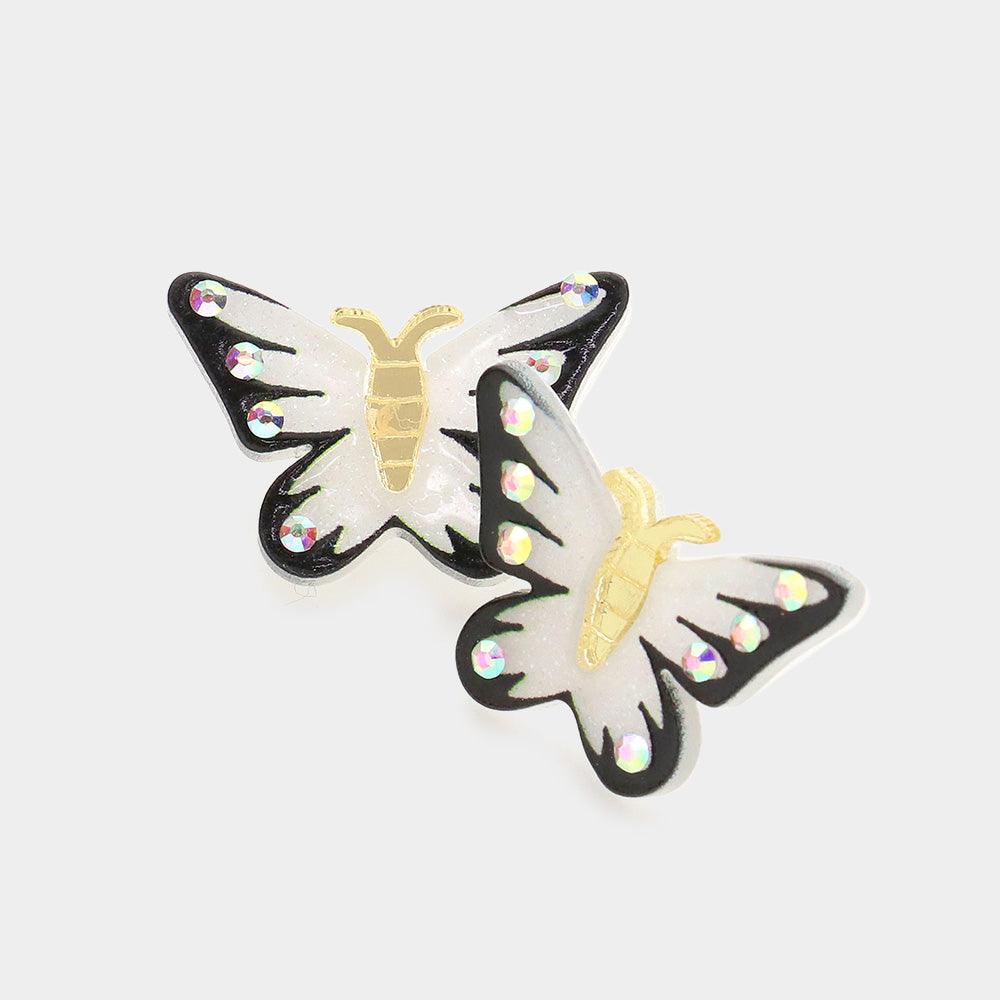 White Rhinestone Embellished Glittered Resin Butterfly Stud Earrings