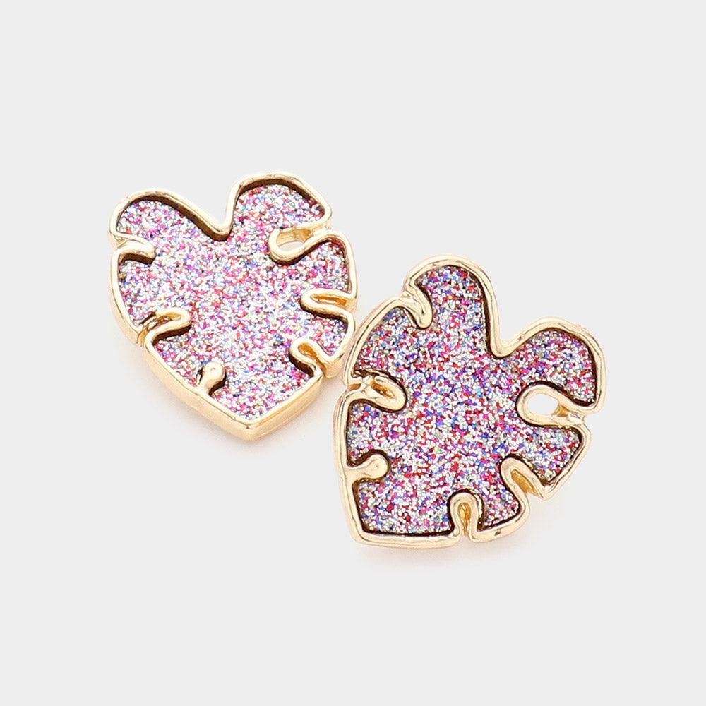 Purple Glitter Tropical Leaf Stud Earrings - Jewelry Store by Erik Rayo