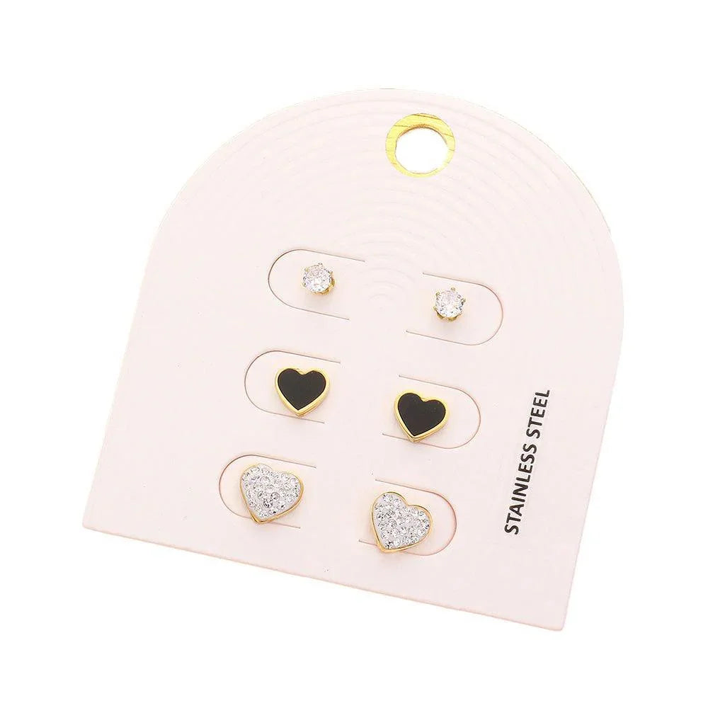 Black 3PAIRS - Stainless Steel Round Stone Enamel Heart Rhinestone Paved Heart Stud Earrings Set - Jewelry Store by Erik Rayo