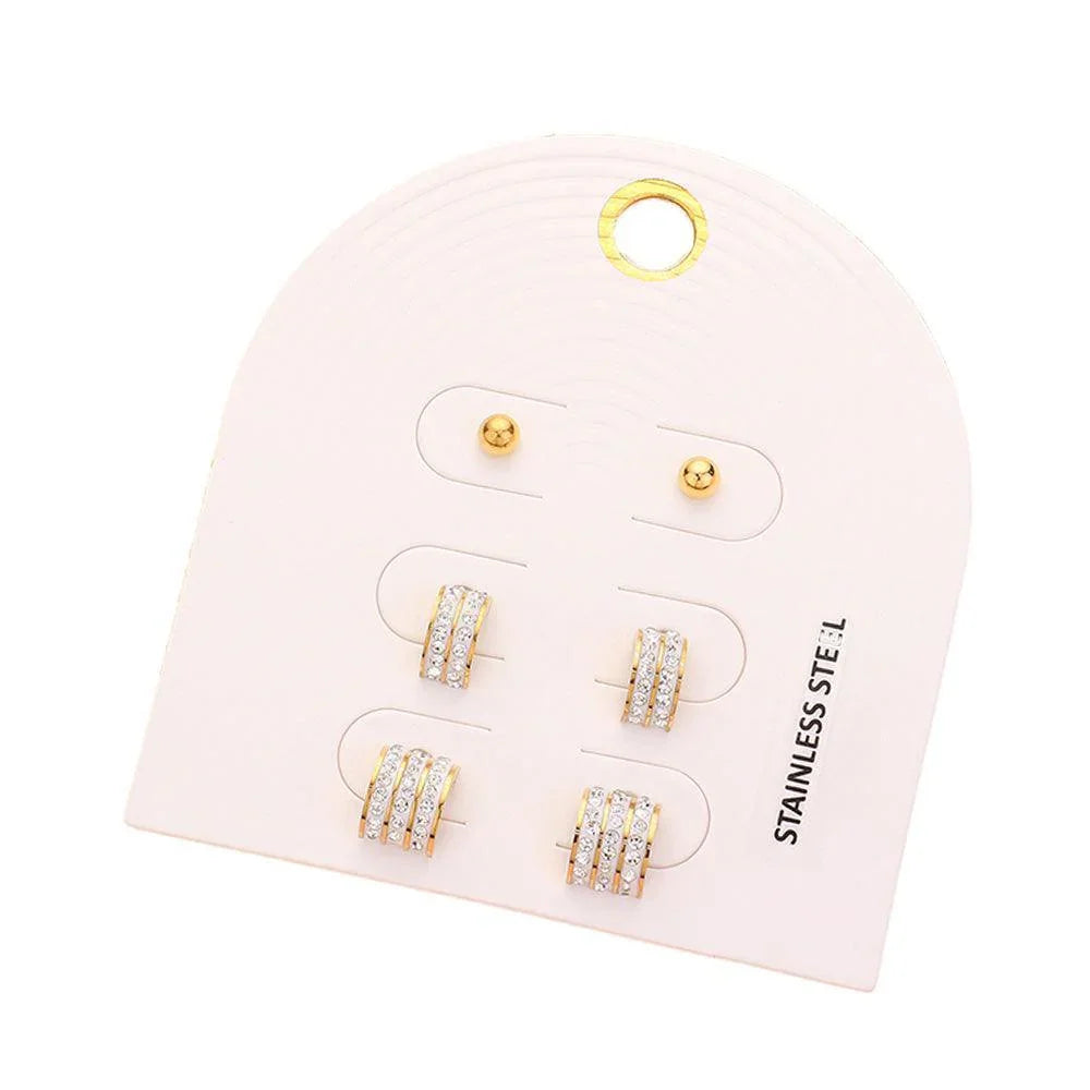 Clear 3PAIRS - Stainless Steel Rhinestone Paved Stud Earrings Set - Jewelry Store by Erik Rayo