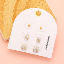 Load image into Gallery viewer, Clear 3PAIRS - Stainless Steel Rhinestone Paved Stud Earrings Set
