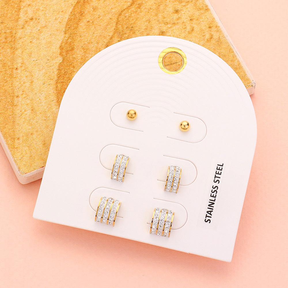 Clear 3PAIRS - Stainless Steel Rhinestone Paved Stud Earrings Set