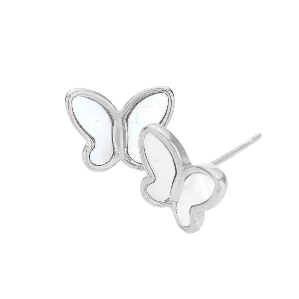 Cream Stainless Steel Pearl Butterfly Stud Earrings - Jewelry Store by Erik Rayo