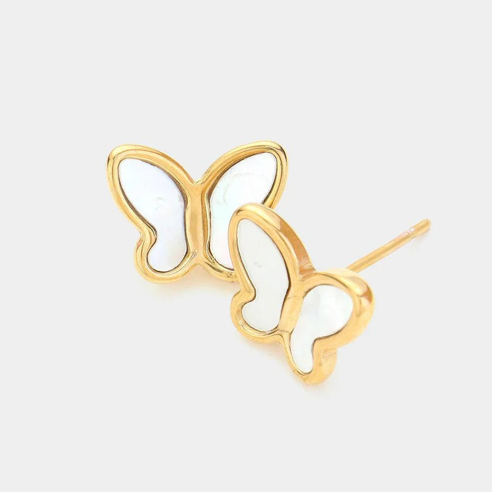 Cream Stainless Steel Pearl Butterfly Stud Earrings - Jewelry Store by Erik Rayo