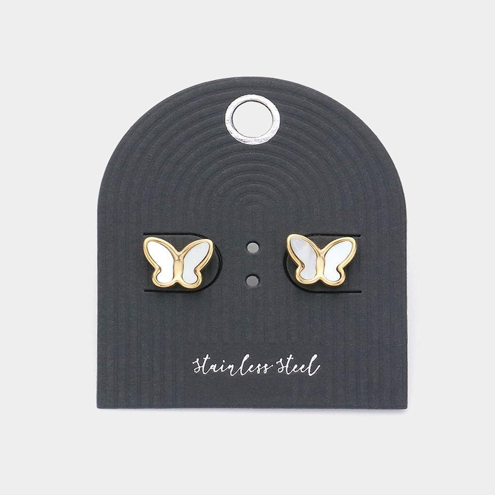 Cream Stainless Steel Pearl Butterfly Stud Earrings - Jewelry Store by Erik Rayo