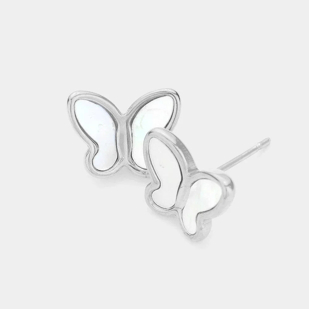 Cream Stainless Steel Pearl Butterfly Stud Earrings - Jewelry Store by Erik Rayo