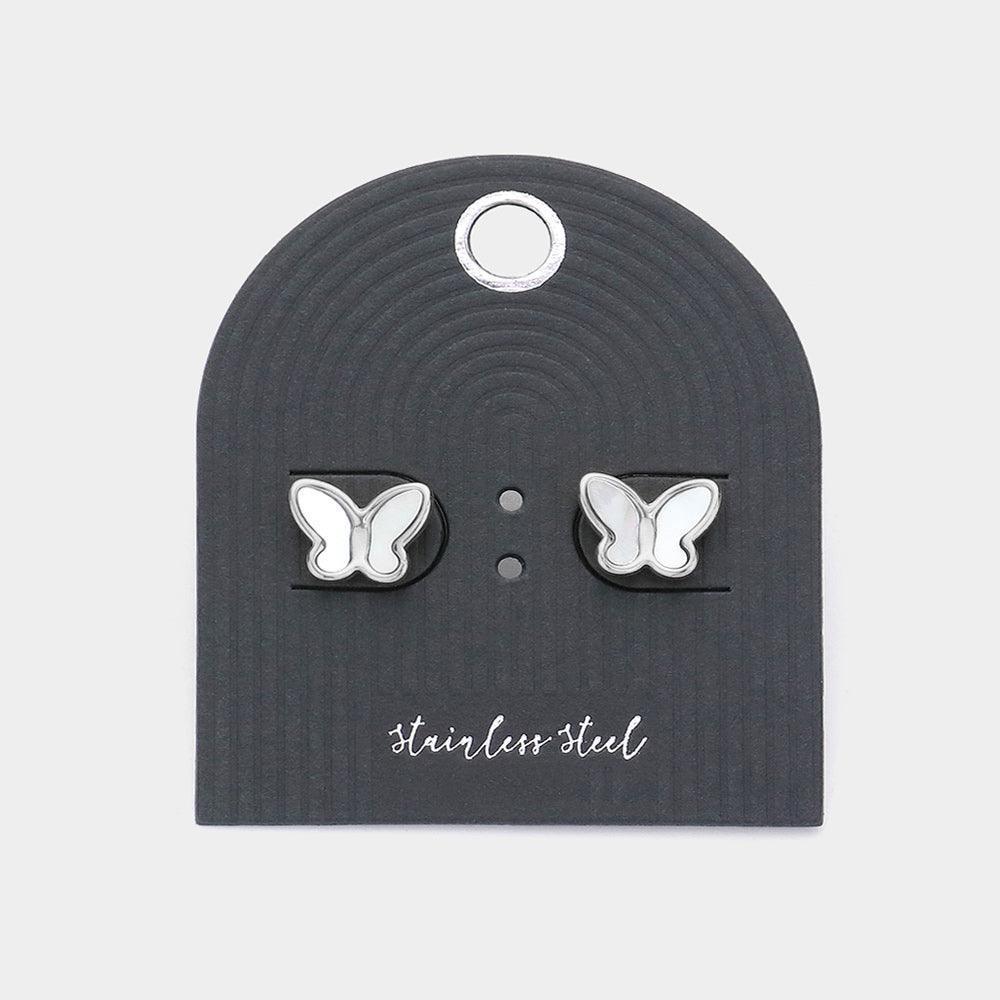 Cream Stainless Steel Pearl Butterfly Stud Earrings - Jewelry Store by Erik Rayo