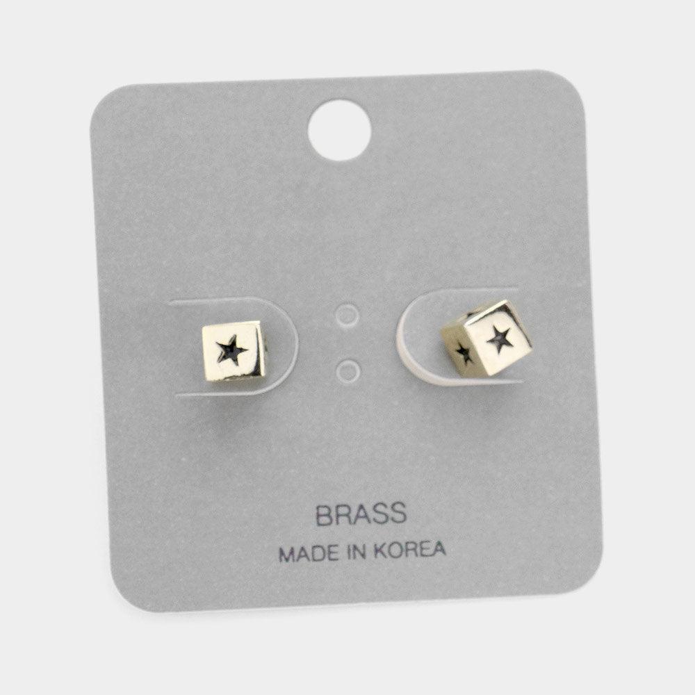 Gold Star Accented Brass Metal Dice Stud Earrings - Jewelry Store by Erik Rayo
