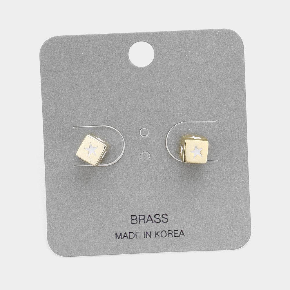 White Star Accented Brass Metal Dice Stud Earrings - Jewelry Store by Erik Rayo