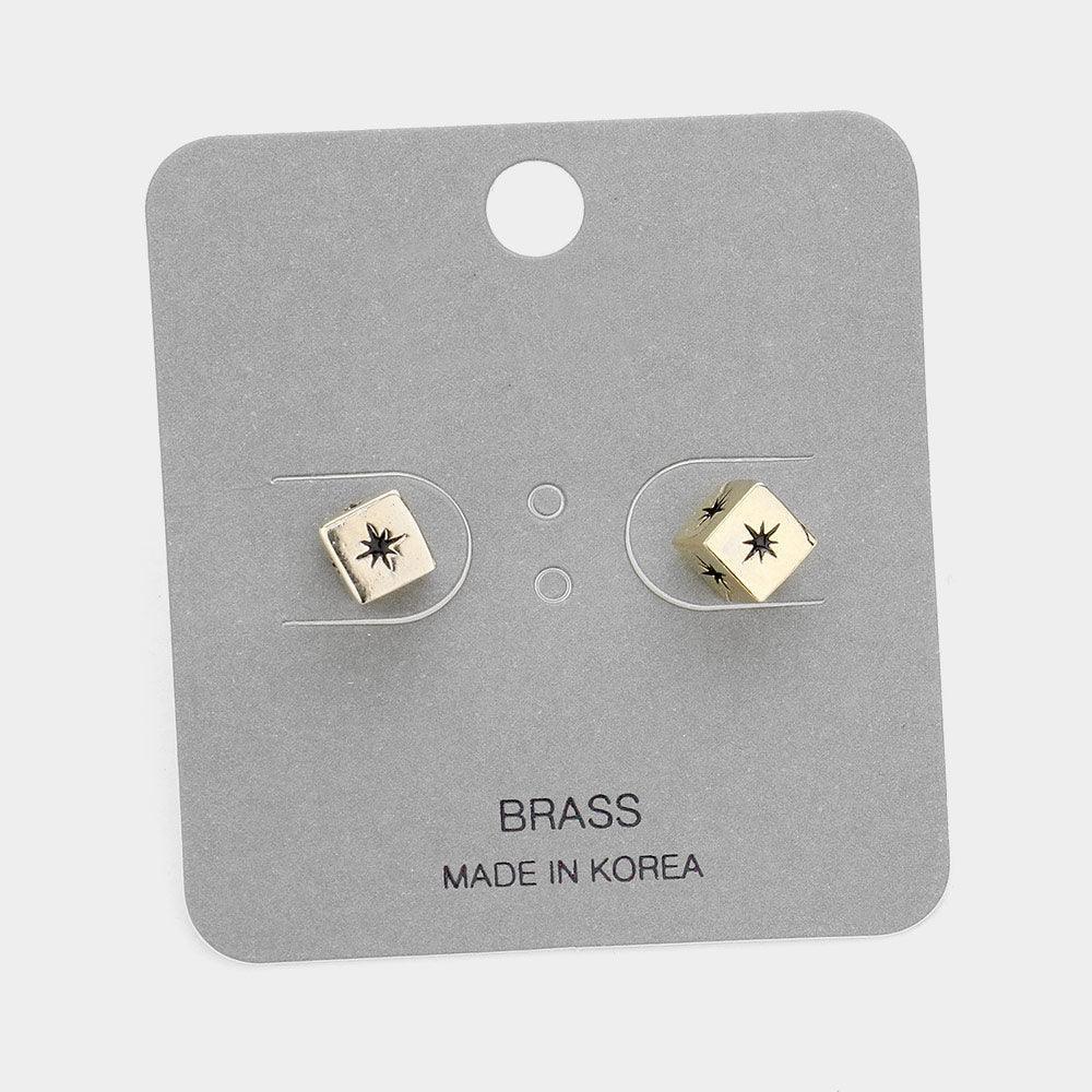 Gold North Star Accented Brass Metal Dice Stud Earrings - Jewelry Store by Erik Rayo