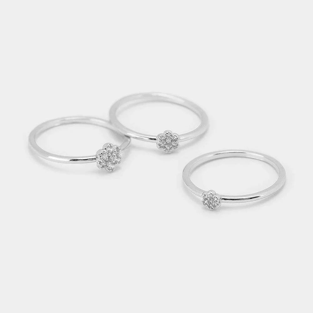 3PCS Brass Metal CZ Cubic Zirconia Flower Mixed Ring Set - Jewelry Store by Erik Rayo
