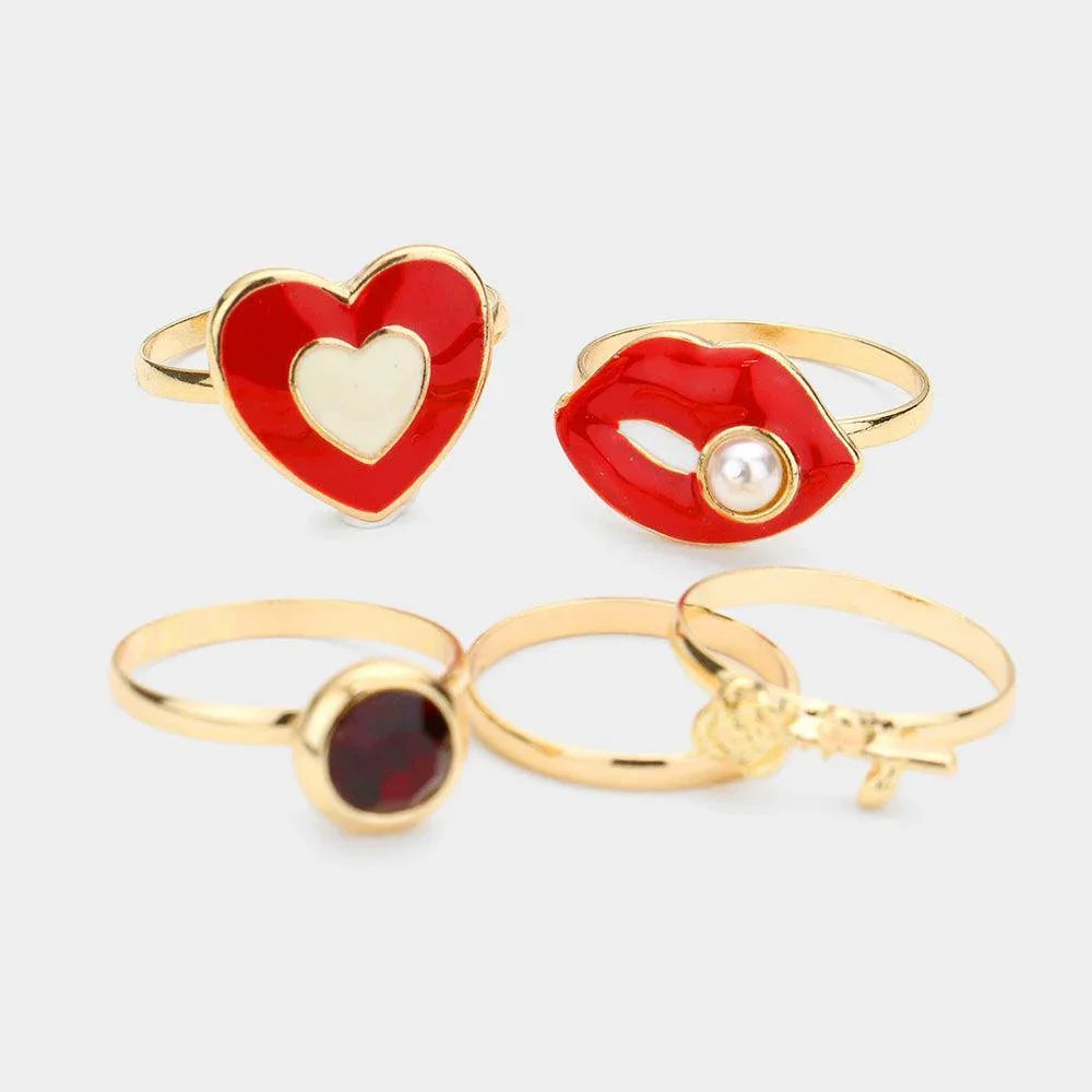 Red 5PCS Round Stone Metal Rose Flower Enamel Lips Heart Mixed Rings - Jewelry Store by Erik Rayo