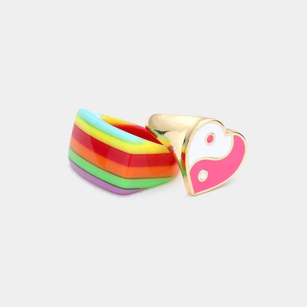 2PCS Striped Resin Enamel Yin Yang Heart Mixed Rings - Jewelry Store by Erik Rayo