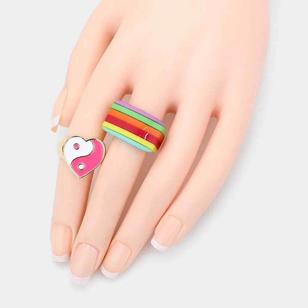 2PCS Striped Resin Enamel Yin Yang Heart Mixed Rings - Jewelry Store by Erik Rayo