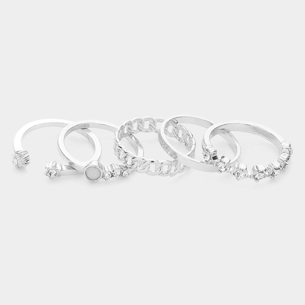 5PCS - Metal Chain Rhinestone Embellished Rings - Jewelry Store by Erik Rayo