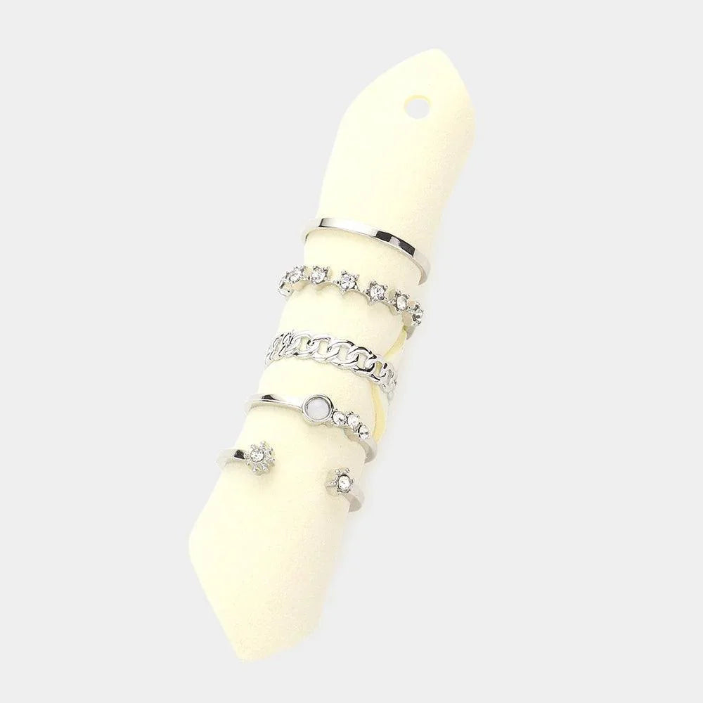 5PCS - Metal Chain Rhinestone Embellished Rings - Jewelry Store by Erik Rayo