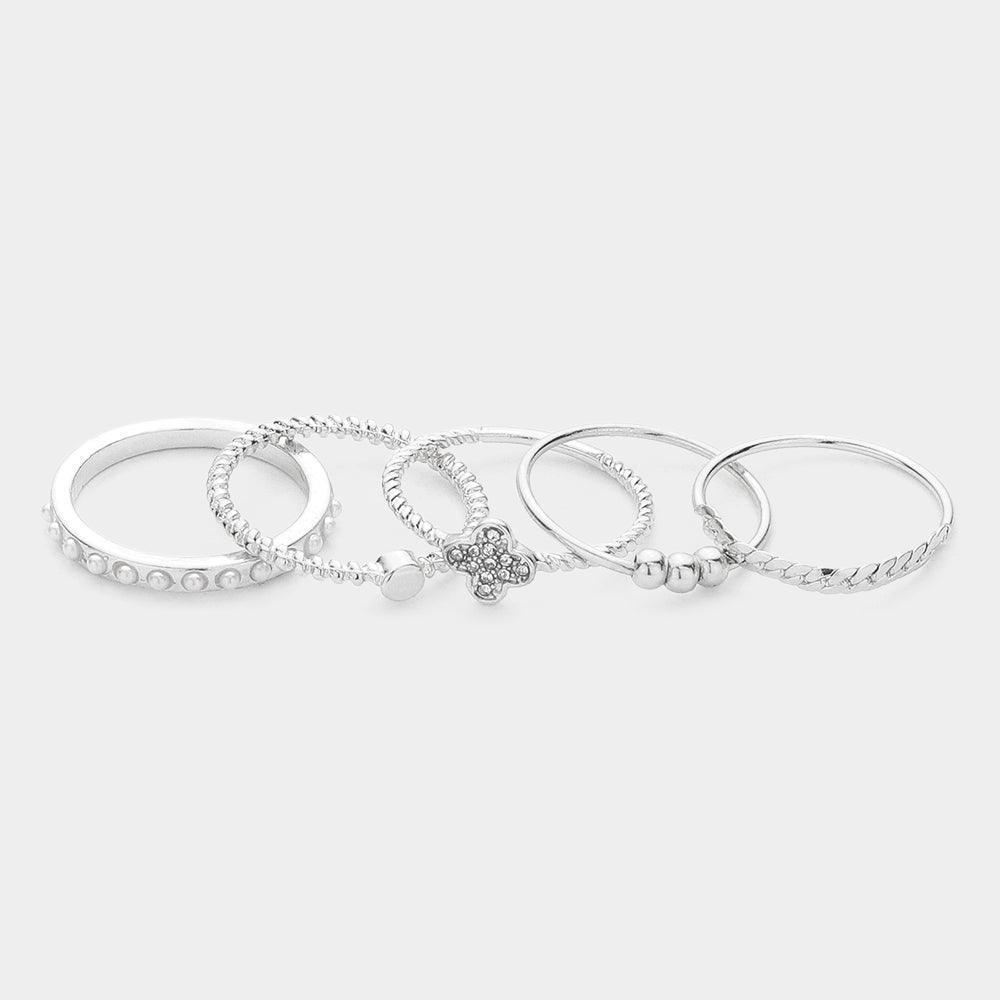 5PCS - Metal Chain Rhinestone Embellished Quatrefoil Pearl Rings - Jewelry Store by Erik Rayo