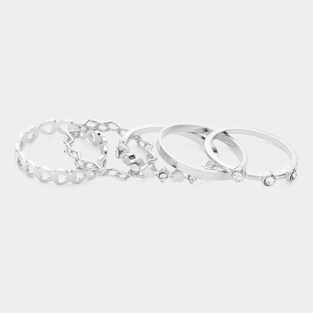 5PCS - Stone Embellished Heart Rings - Jewelry Store by Erik Rayo