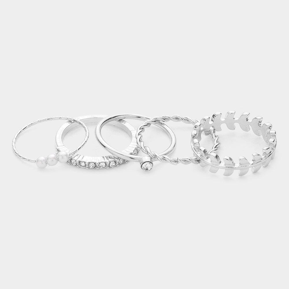 5PCS - Metal Leaf Braided Metal Pearl Stone Embellished Rings - Jewelry Store by Erik Rayo
