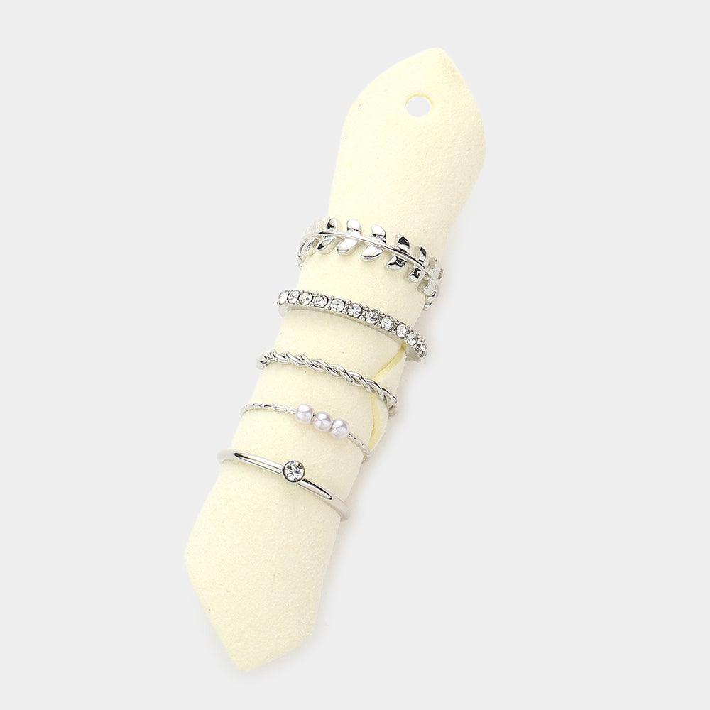 5PCS - Metal Leaf Braided Metal Pearl Stone Embellished Rings - Jewelry Store by Erik Rayo