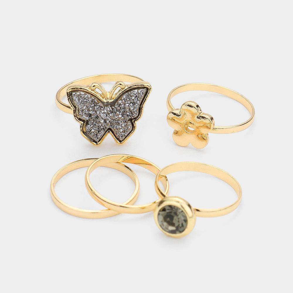 Hematite 5PCS Round Stone Metal Flower Druzy Butterfly Mixed Rings - Jewelry Store by Erik Rayo