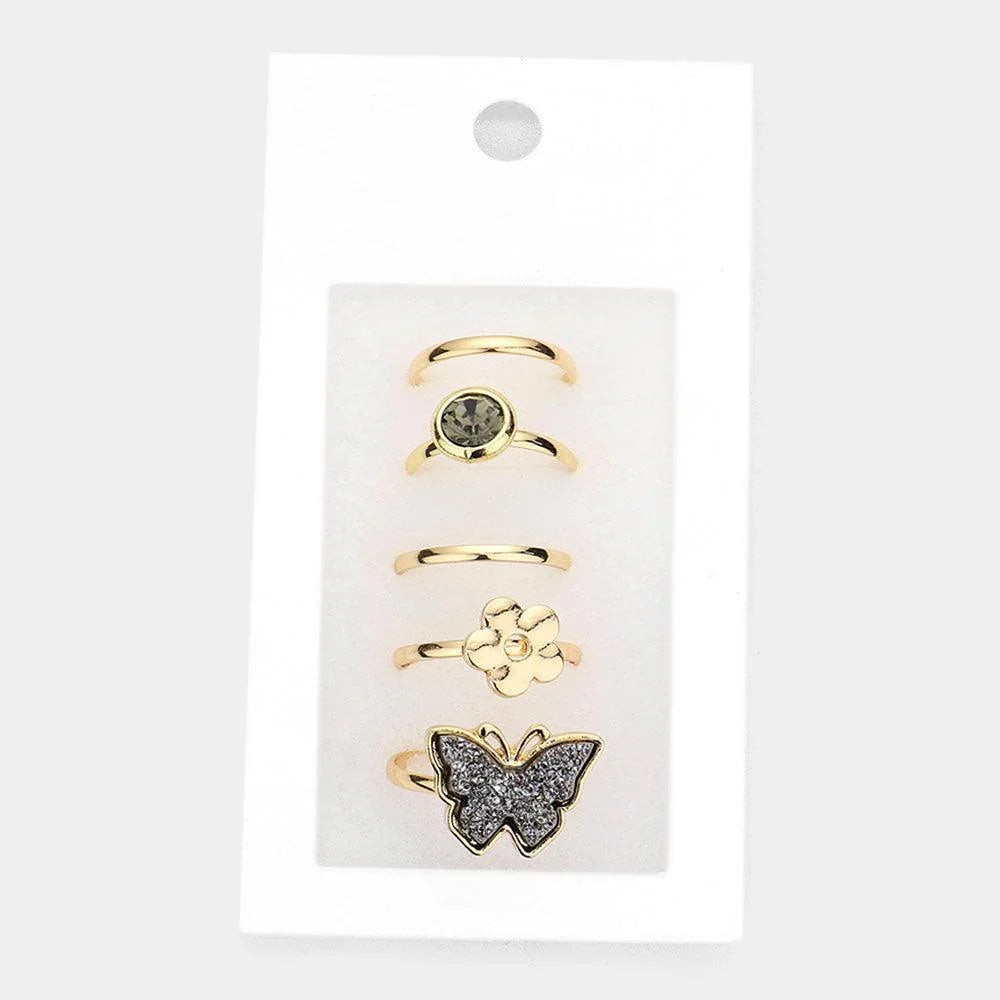 Hematite 5PCS Round Stone Metal Flower Druzy Butterfly Mixed Rings - Jewelry Store by Erik Rayo