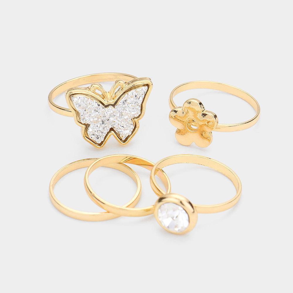 5PCS Round Stone Metal Flower Druzy Butterfly Mixed Rings - Jewelry Store by Erik Rayo