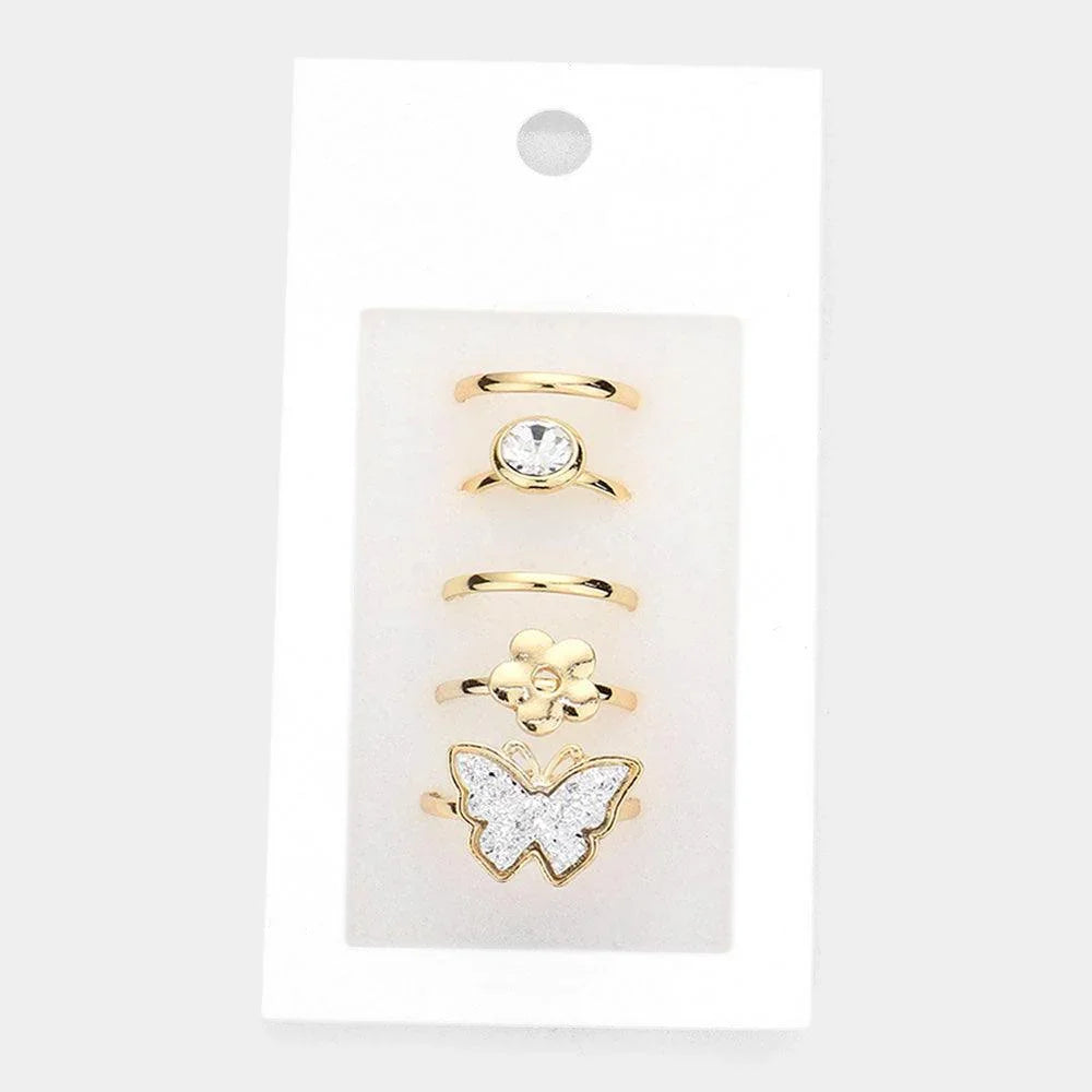 5PCS Round Stone Metal Flower Druzy Butterfly Mixed Rings - Jewelry Store by Erik Rayo
