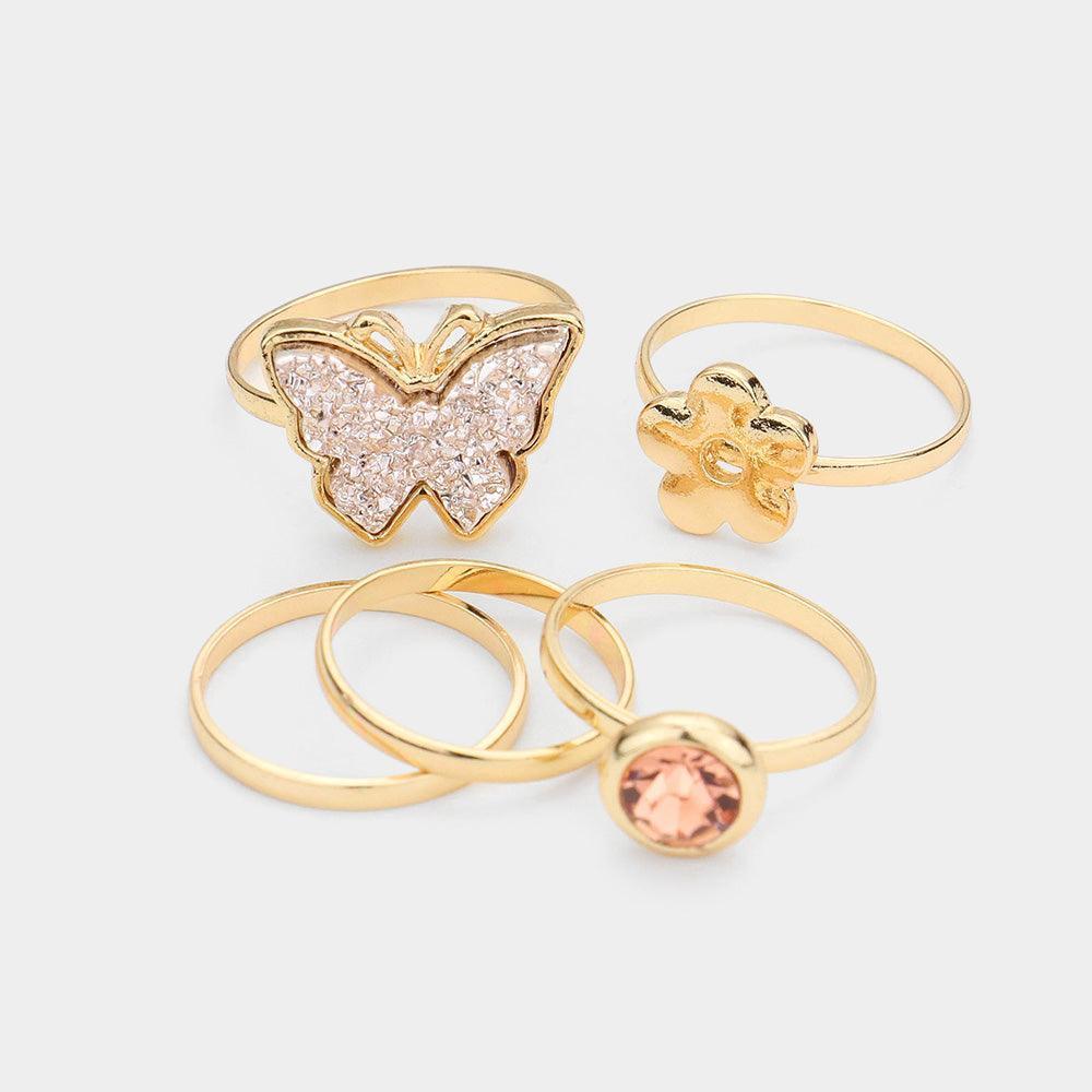 Rose Gold 5PCS Round Stone Metal Flower Druzy Butterfly Mixed Rings - Jewelry Store by Erik Rayo