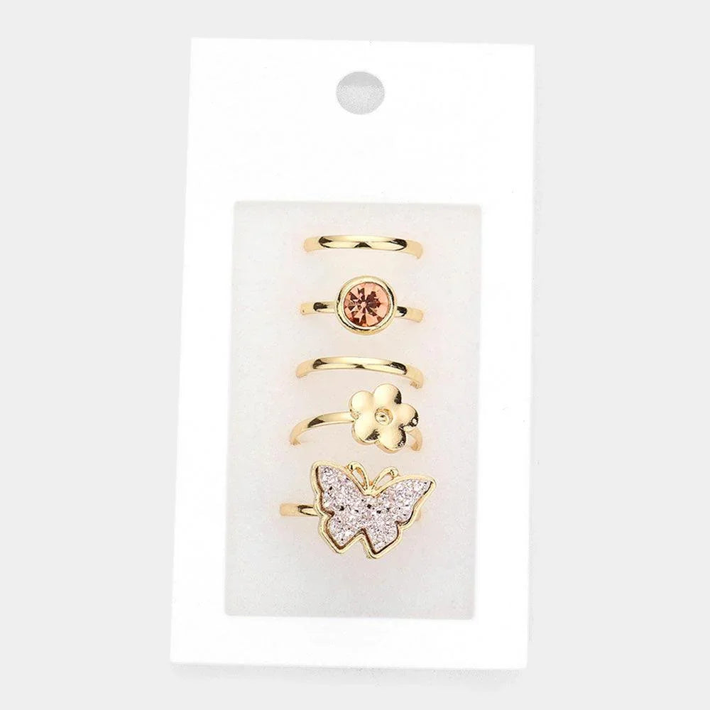 Rose Gold 5PCS Round Stone Metal Flower Druzy Butterfly Mixed Rings - Jewelry Store by Erik Rayo