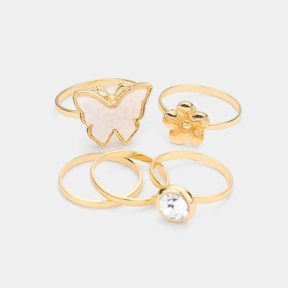White 5PCS Round Stone Metal Flower Druzy Butterfly Mixed Rings - Jewelry Store by Erik Rayo