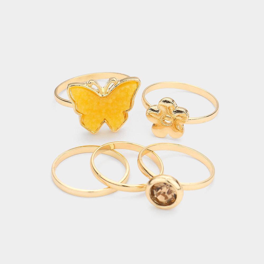 Yellow 5PCS Round Stone Metal Flower Druzy Butterfly Mixed Rings - Jewelry Store by Erik Rayo