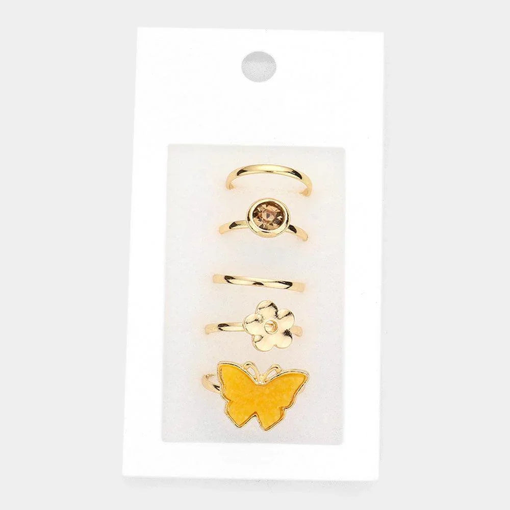 Yellow 5PCS Round Stone Metal Flower Druzy Butterfly Mixed Rings - Jewelry Store by Erik Rayo